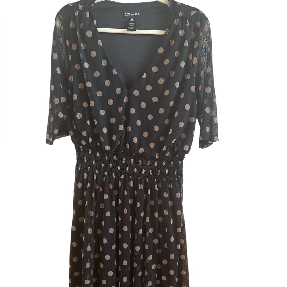 Kate And Lily Woman’s Black Cream Polka Dot Short Sleeve Dress Bandeau Waistband